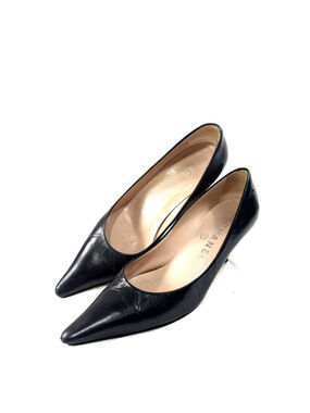 CHANEL Vintage Black Leather CC Logo Pointed Toe Pumps Size 35 D